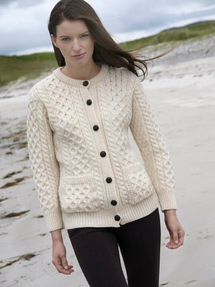 Ladies Cardigan Aran Wool Sweater- Natural