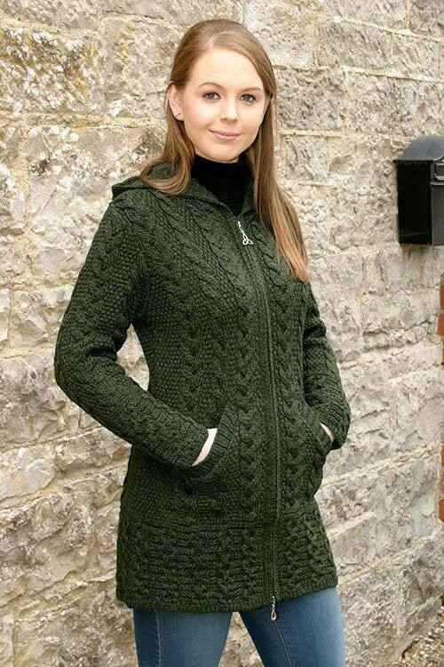 Ladies Hooded Coat with Celtic Knot Zipper- Army Green