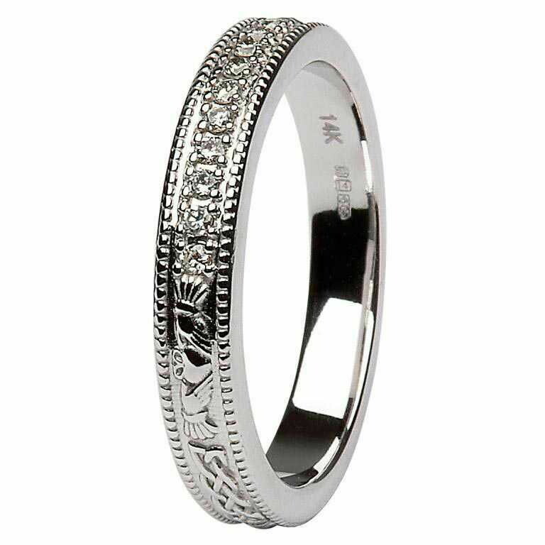 Claddagh Celtic Diamond Set 14kt White Gold Wedding Ring