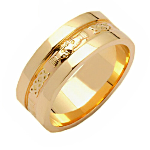 Mens 14kt All Yellow Gold Corrib Claddagh with Wide Sides