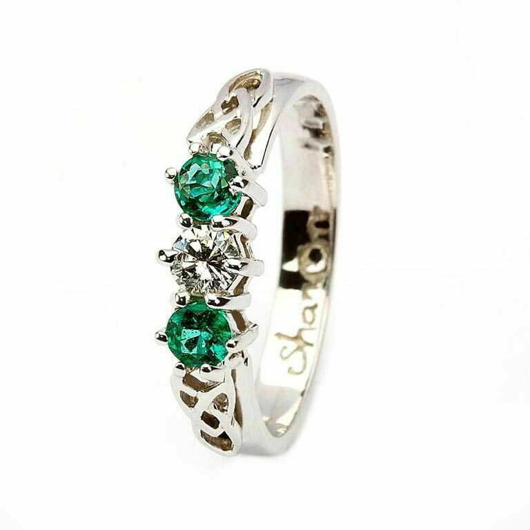 Celtic Trinity Knot Ring- 14kt White Gold, 2 Emeralds and 1 Diamond