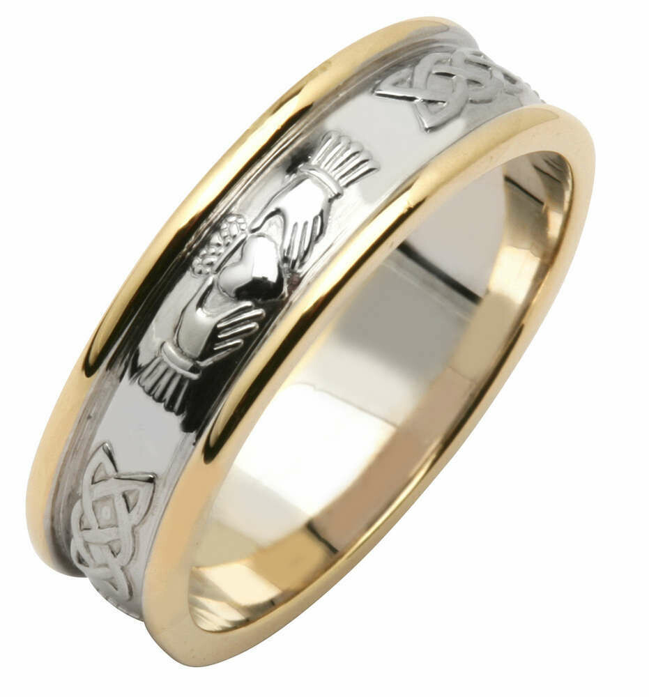 Mens 14kt White/Yellow Gold Wide Claddagh/Celtic Corrib Wedding Band