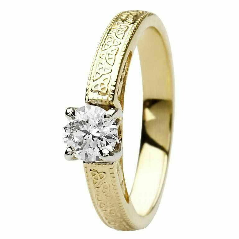 Celtic Diamond Ring- 14kt Yellow and White Gold, Solitaire Round Cut Diamond
