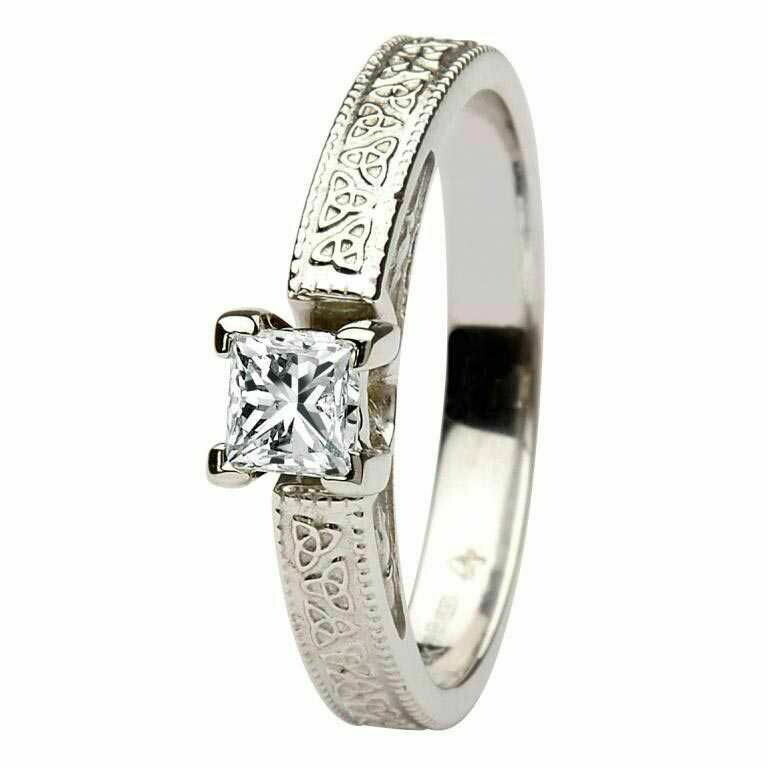 Celtic Diamond Ring- 14kt White Gold, Solitaire Princess Cut Diamond