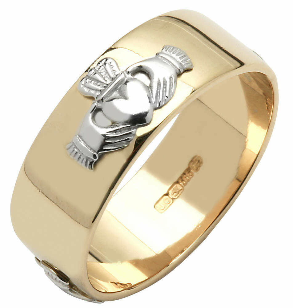 Mens 14kt Yellow Gold Wide Wedding Band with White Claddaghs