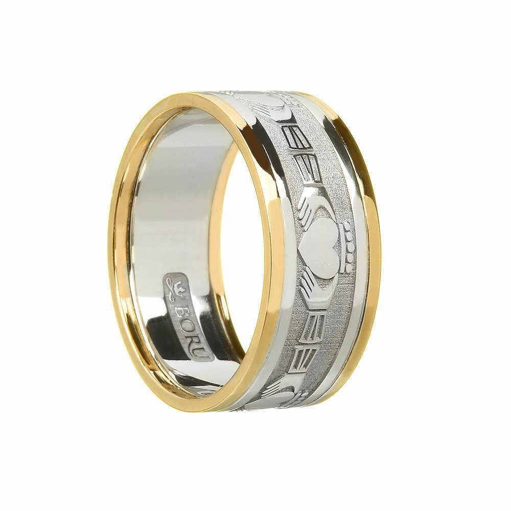 Mens 10kt Gold Claddagh White Gold/Yellow Gold Trim Wedding Band
