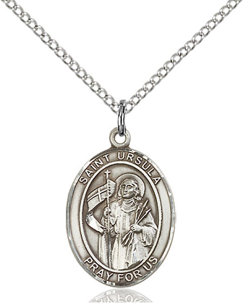 Sterling Silver St Ursula Pendant on a 18&quot; Light Rhodium Light Curb Chain