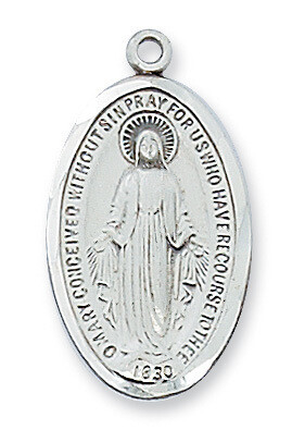 Sterling Silver Elongated Oval Miraculous Medal on 18&quot; Stainless Steel Chain