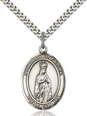 Sterling Silver Our Lady of Fatima Pendant on a 24&quot; Light Rhodium Heavy Curb Chain