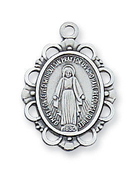 Sterling Silver Oval Miraculous Medal on 16-18&quot; Rhodium on Brass Chain