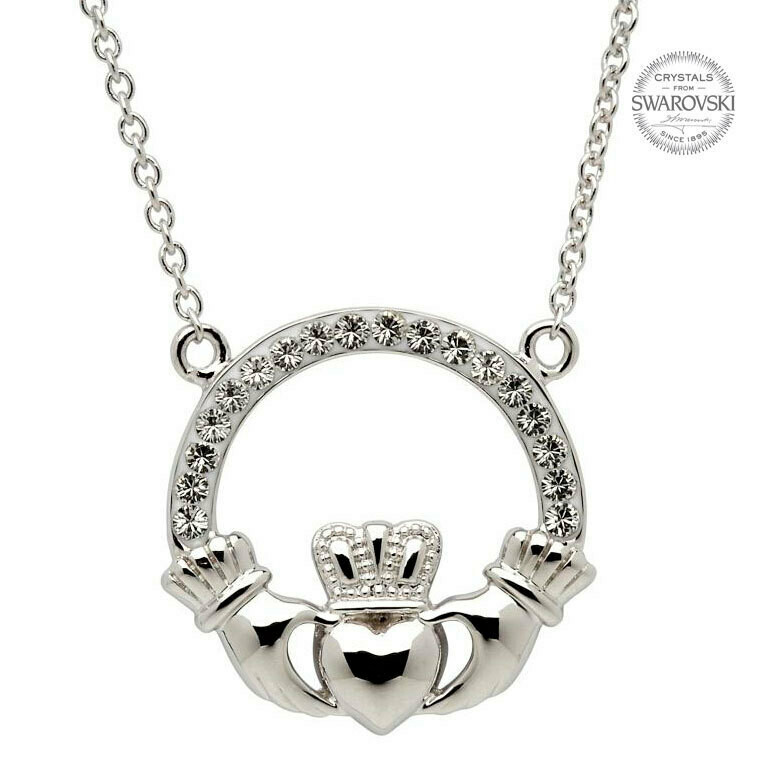 Sterling Silver Claddagh Necklace Encrusted with Swarovski® Crystals on a 18&quot; Sterling Silver Chain