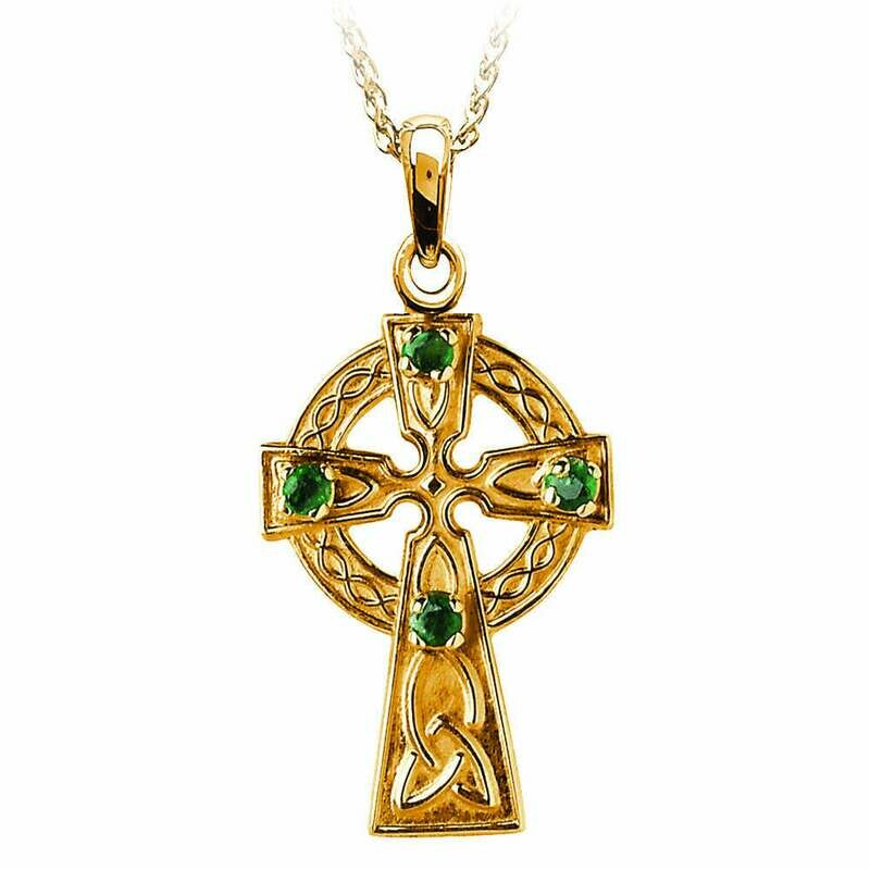 10kt Yellow Gold Traditional Celtic Cross with 4 Emeralds, and 10kt 18&quot; Chain Disc.