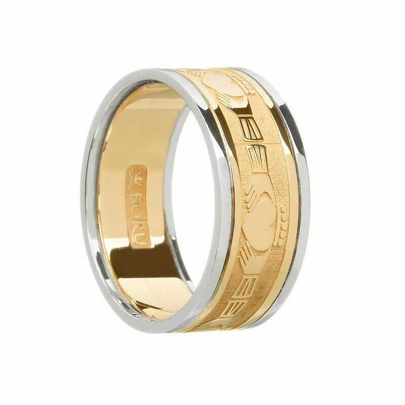 Mens 10kt Gold Claddagh Yellow Gold/White Gold Trim Wedding Band