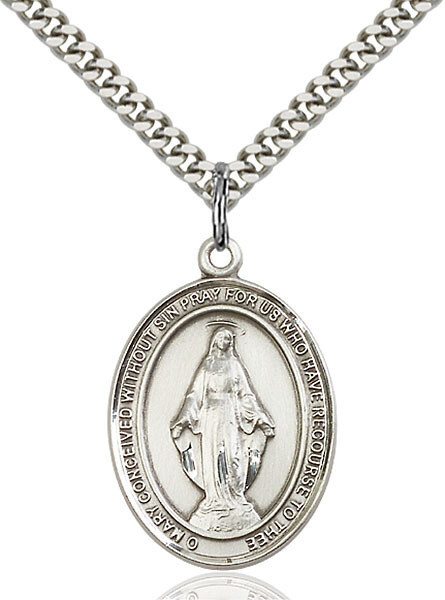 Sterling Silver Miraculous Medal Pendant on a 24&quot; Light Rhodium Heavy Curb Chain