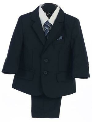 Navy Blue boy's two button suit with jacket, vest, shirt, tie, pants