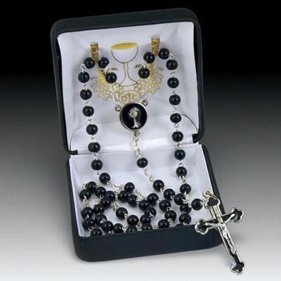 First Communion Rosary- Black Glass Rosary