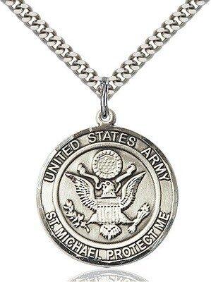 Sterling Silver U.S. Army/St. Michael Medal on a 24" Light Rhodium Chain