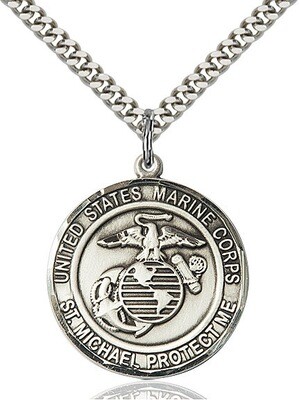 Sterling Silver U.S. Marines/St. Michael Medal on a 24" Light Rhodium Chain