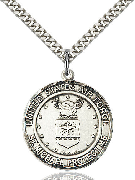 Sterling Silver U.S. Air Force St. Michael Medal on a 24&quot; Light Rhodium Heavy Curb Chain