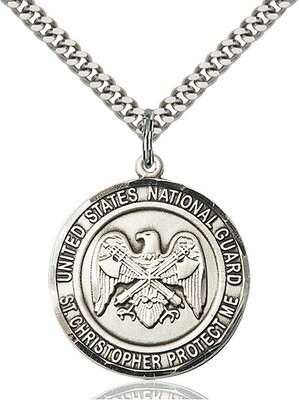 Sterling Silver U.S. National Guard/St. Christopher Medal on a 24" Light Rhodium Chain