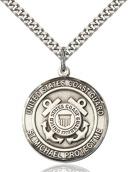 Sterling Silver U.S. Coast Guard St. Michael Medal on a 24&quot; Light Rhodium Heavy Curb Chain
