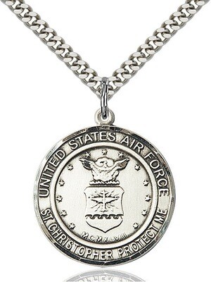 Sterling Silver U.S. Air Force/St. Christopher Medal on a 24" Light Rhodium Chain