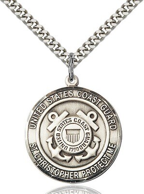 Sterling Silver U.S. Coast Guard/St. Christopher Medal on a 24" Light Rhodium Chain