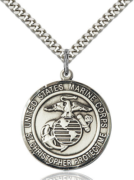 Sterling Silver U.S. Marines St. Christopher Medal on a 24&quot; Light Rhodium Heavy Curb Chain Disc.