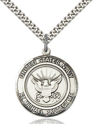 Sterling Silver U.S. Navy/St. Michael Medal on a 24" Light Rhodium Chain