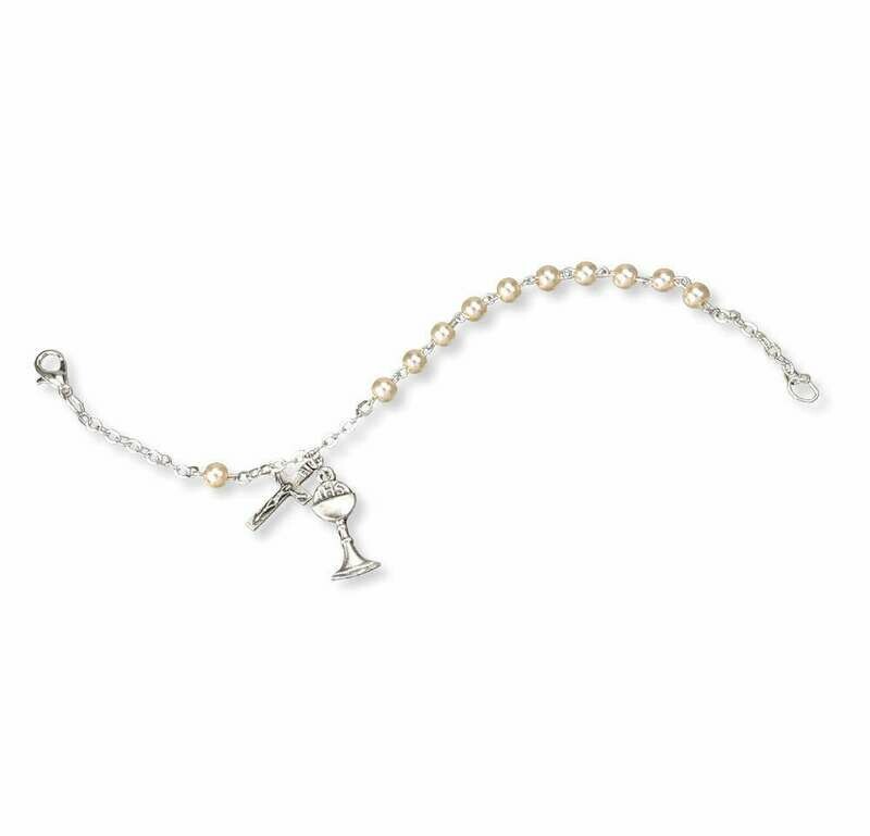 Youth First Communion Immitation Pearl 5.5&quot; Rosary Bracelet