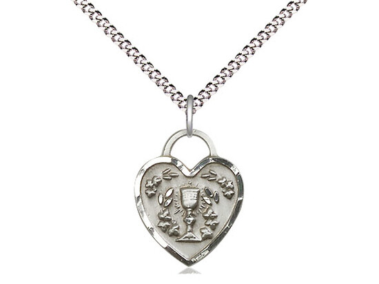 Sterling Silver Communion Heart Pendant on a 18&quot; Light Rhodium Light Curb Chain