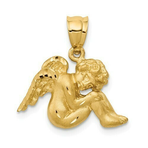 14kt Gold Satin and Diamond Cut Angel Charm Disc.