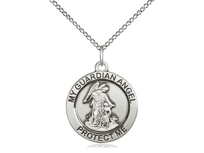 Sterling Silver Round Guardian Angel Pendant on an 18" Light Rhodium Curb Chain