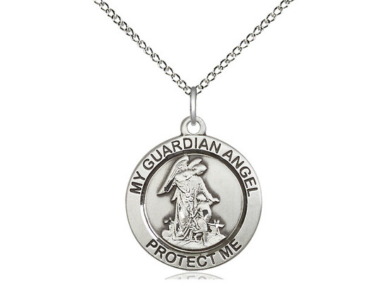 Sterling Silver Round Guardian Angel Pendant on an 18&quot; Light Rhodium Light Curb Chain