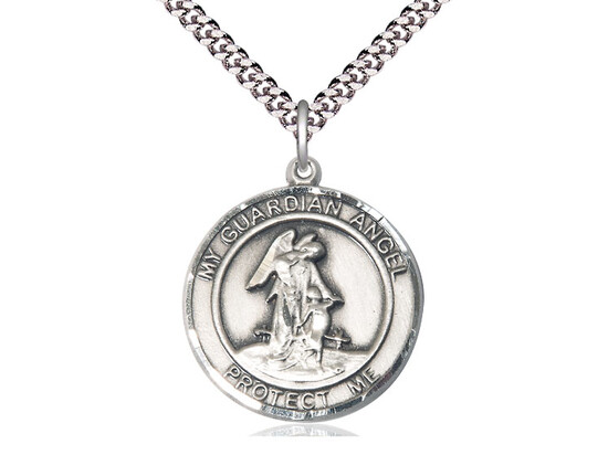 Sterling Silver Round Guardian Angel Pendant on a 24&quot; Light Rhodium Heavy Curb Chain