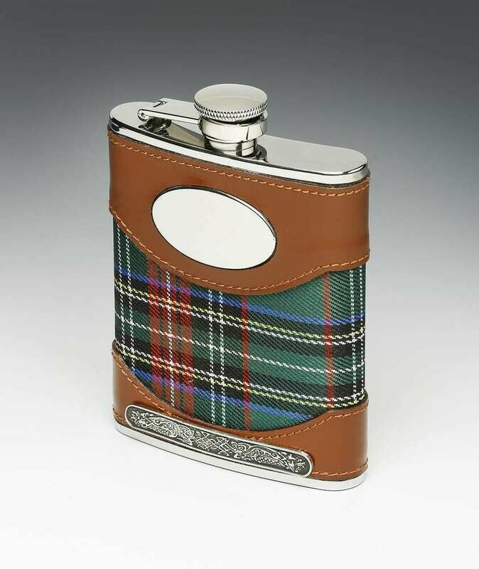 Mullingar Pewter Leather Bound Whiskey Tartan Flask with Pewter Design (6oz)