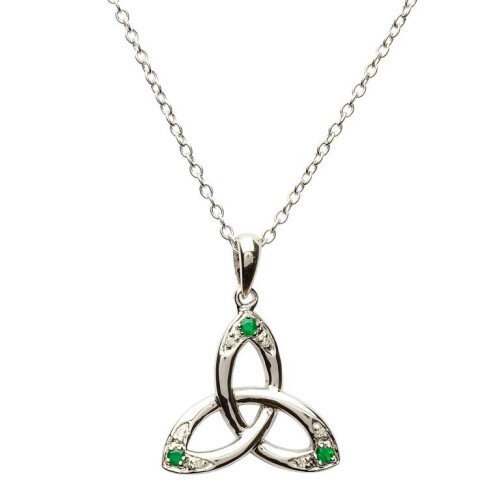 Sterling Silver Celtic Trinity Knot Pendant Set with Emerald and Diamond on a 18&quot; Sterling Silver Chain