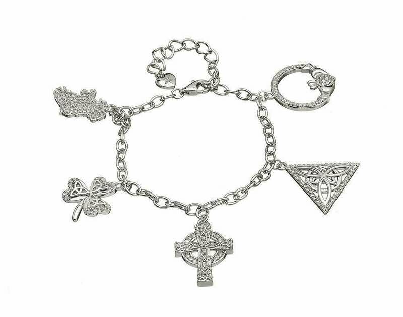 Sterling Silver Irish Charm Bracelet with CZ&#39;s