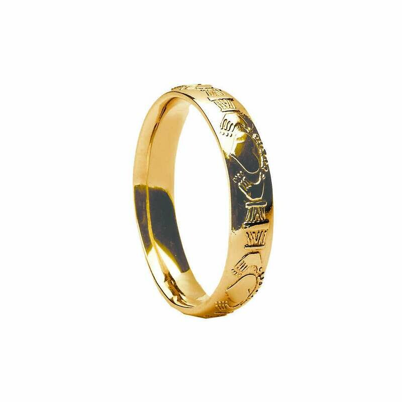 Mens 10kt Gold Court Shaped Claddagh Wedding Band