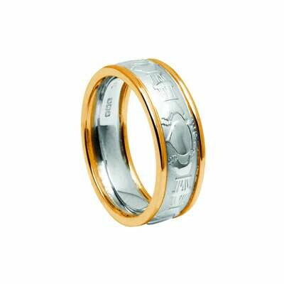 Mens 10kt White Gold Claddagh Court/Yellow Gold Trim Wedding Band