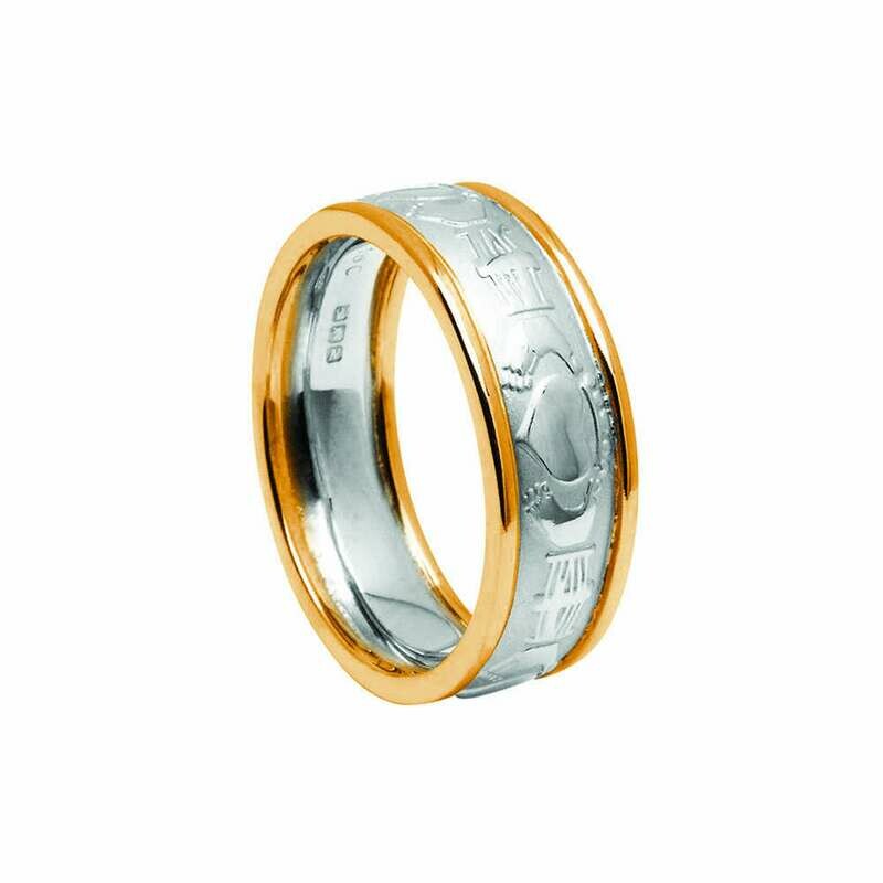 Mens 10kt White Gold Claddagh Court/Yellow Gold Trim Wedding Band
