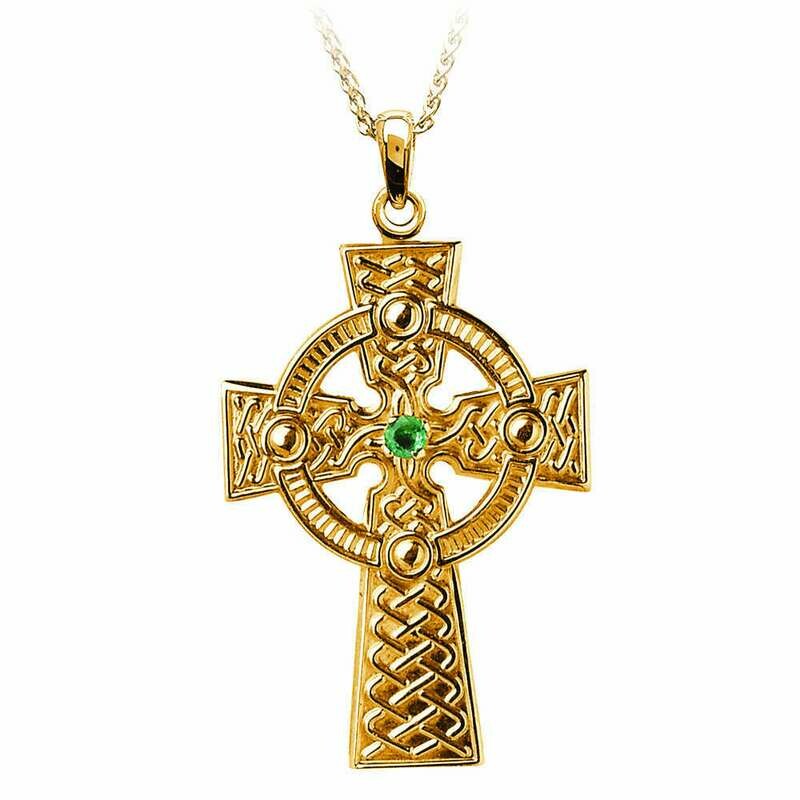 10kt Yellow Gold Traditional Emerald Celtic Knot Cross- Medium, and 10kt 18&quot; Chain