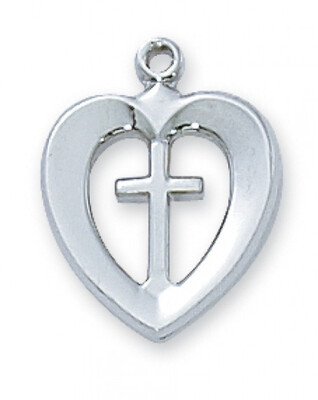 Sterling Silver Cross in a Heart on an 18" Rhodium Plated Chain