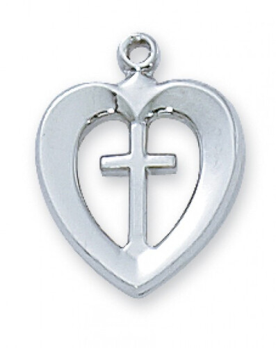 Sterling Silver Cross in a Heart on an 18&quot; Rhodium Plated Chain