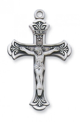 Sterling Silver Fancy Crucifix on an 18" Rhodium Plated Chain