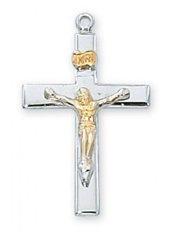 Sterling Silver Two-Tone Gold Plated Crucifix on an 18&quot; Rhodium Plated Chain