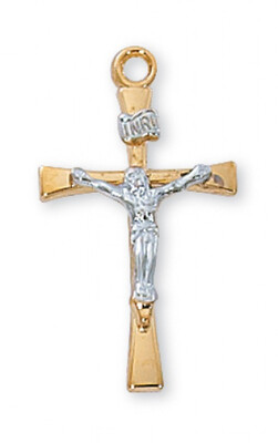 Gold Plated Two-Tone Sterling Silver Thin Crucifix on an 18" Gold Plated Chain