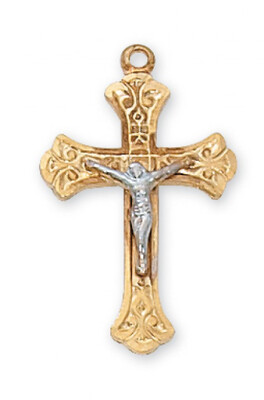 Gold Plated Two-Toned Sterling Silver Fancy Crucifix on an 18" Gold Plated Chain