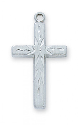 Sterling Silver Etched Cross on 18&quot; Stainless Steel Chain