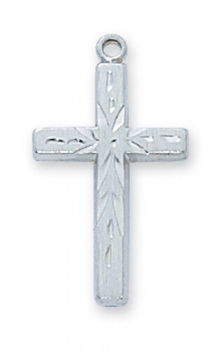 Sterling Silver Etched Cross on 18&quot; Stainless Steel Chain